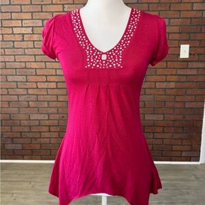 Yom Yom Studded V Neck Top Small Pleated Asymmetrical Hem‎ Stretch Top Y2K